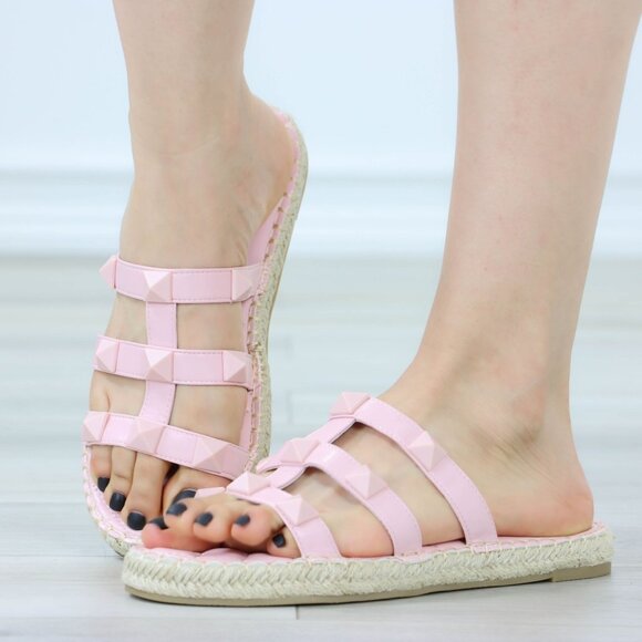Light Pink Studded Espadrille Sandals Strappy Gladiator Style Casual Shoe - Picture 15 of 15